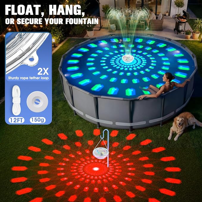 8000mAh Rechargeable Pool Fountain with Lights,2026 Floating Pool Fountain for Above Ground Pool Water Fountain Pump with Anchor, Swimming Pool Fountain Floating Pump for Pool Pond-SnowWhite