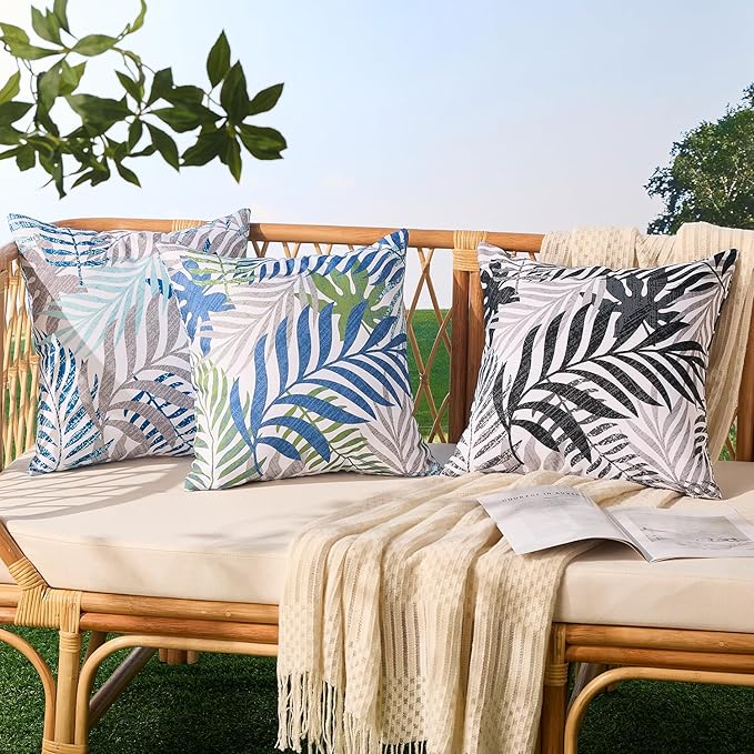 Allorry Outdoor Pillow Covers 18x18 Set of 2 Hawaii Tropics Palm Leaves Blue Gray Floral Pattern Decoration Pillow Covers for Spring Summer Outdoor Waterproof Garden Patio Sofa Bed Decor JB010-B18