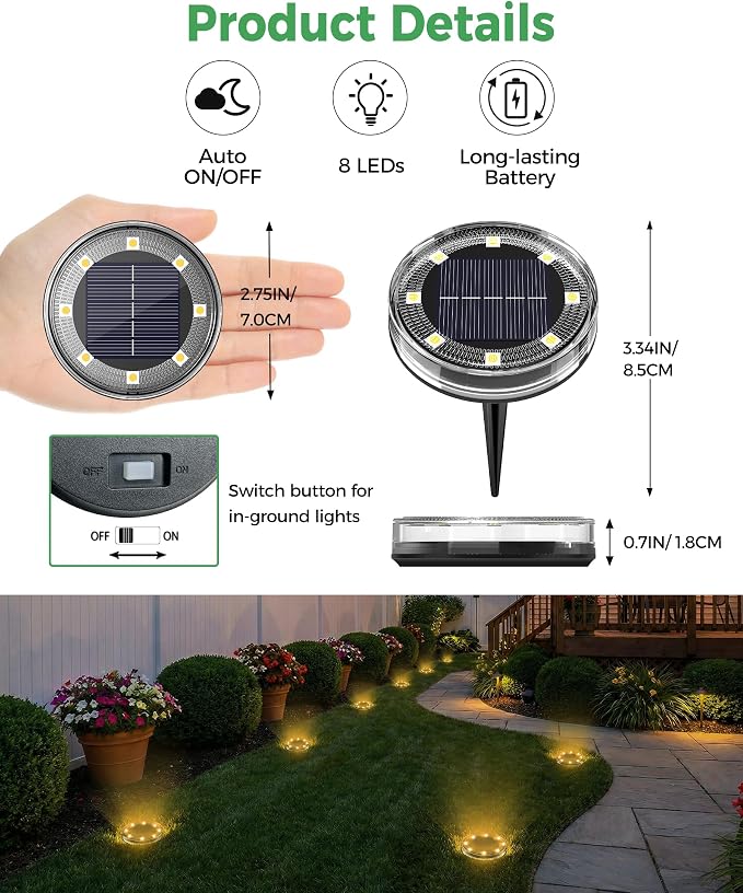 LOTMOS 20 Pack Solar Ground Lights Outdoor, 8 LED Solar Flat Lights IP68 Waterproof Disc Light, Landscape Lighting Solar Powered for Garden Yard Path Driveway Lawn Patio Walkway, Warm White