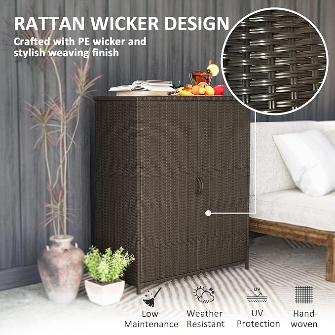 Outsunny Wicker Outdoor Storage Cabinet with Shelves, 4-Shelf Outdoor Pool Towel Cabinet with Two Doors, Rattan Patio Storage Shelves for Garden, Backyard, Porch, Dark Coffee