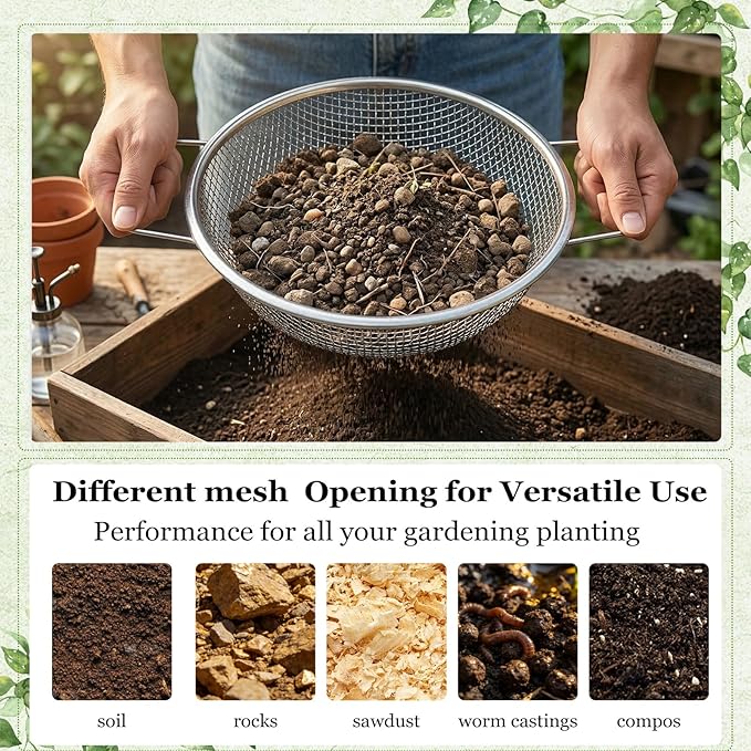 3PCS Soil Sifter for Gardening with Handles - Rock Compost Dirt Sifter for 5 Gallon Bucket, 1/4in,1/8in,3/8in Mesh Garden Sifting Screen Gravel Sawdust Vermicompost with Repotting Mat
