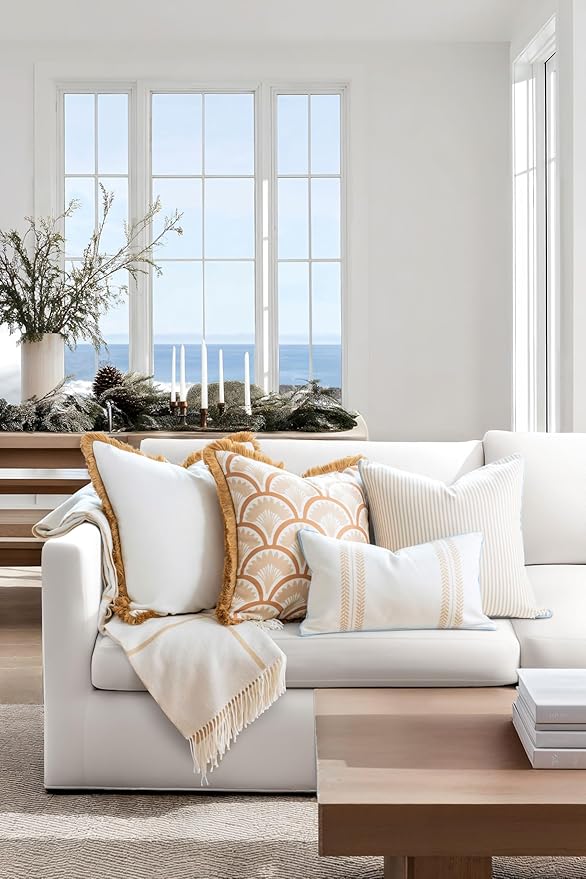 Hofdeco Premium Coastal Hampton Patio Indoor Outdoor Throw Pillow Cover Only, 22"x22" Water Repellent for Backyard, Couch, Poolside, White Neutral Tan Solid (Pack of 2)