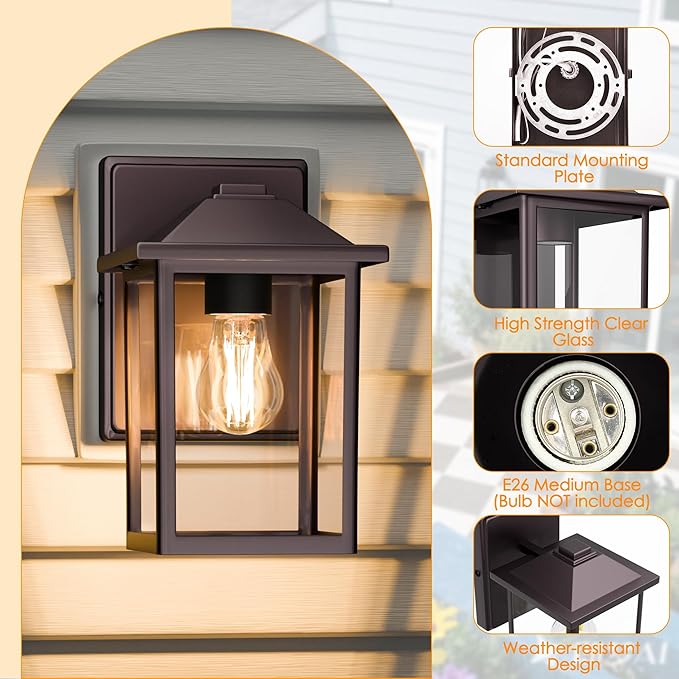 MATAMEYE Outdoor Wall Lantern, Exterior Waterproof Wall Sconce Light Fixture, Dark Chocolate Front Door Mounted Lighting with Glass, Anti-Rust Porch Lamp