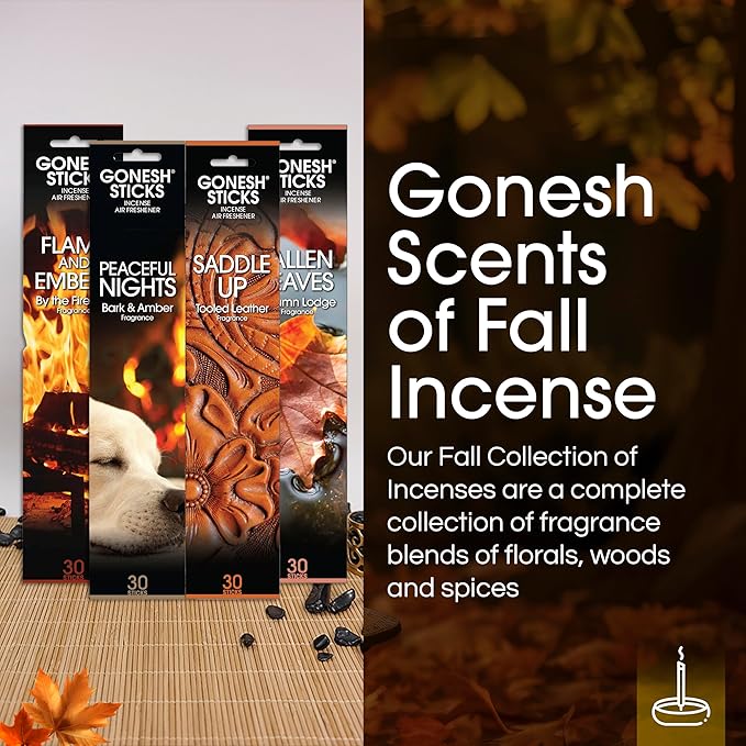 Gonesh Scents of Fall - Incense Sticks Variety Pack - Non-Toxic 10” Slow Burn Aromatic Sticks - Bark & Amber, By the Fireside, Autumn Lodge, Tooled Leather - 30 Sticks Each