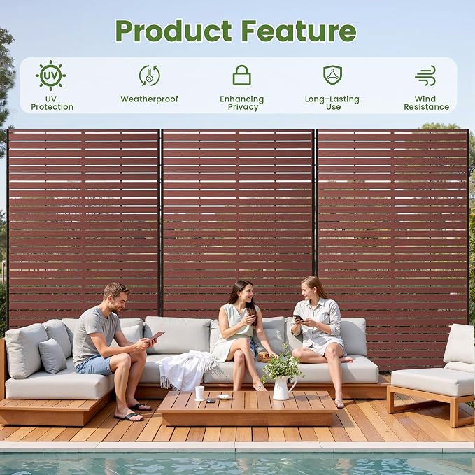 Outdoor Privacy Screen 72" H HDPE Decorative Freestanding Privacy Panel, Sandblasting Louvered Privacy Screens with Stand, Weather-Resistant Panel for Patio, Balcony, Backyard(6 Panels)