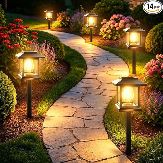 14-Pack Solar Pathway Lights - High-Efficiency Polycrystalline Panels for All-Night Glow - IP65 Waterproof Outdoor Landscape Lighting for Garden, Walkway & Driveway Security (Black)