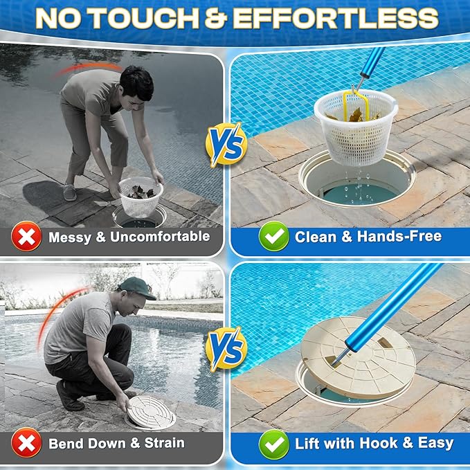 22.5in 2-in-1 Pool Skimmer Tool with Stainless Steel Hook and Detachable Fine Mesh Net, Includes Skimmer Basket Handle, for Above Ground and Inground Pools