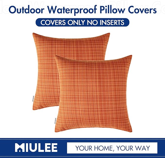 MIULEE Outdoor Waterproof Throw Pillow Covers Decorative Farmhouse Water Resistant Cushion Covers for Tent Patio Garden Couch Sofa Pack of 2, 18x18 Inch Orange