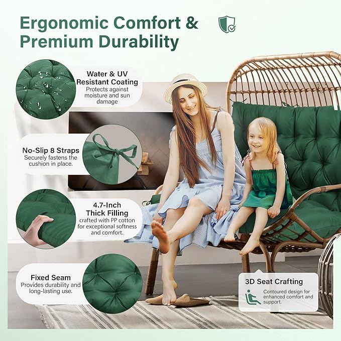 Waterproof Porch Swing Cushions 60 Inch,2 3-Seater Replacement for Outdoor Furniture with Backrest and Straps, Thick 4" Swing Seat Bench Cushion for Loveseat Glider Bench Patio Lawn Backyard