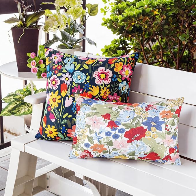 Adabana Spring Outdoor Waterproof Floral Pillow Covers Set of 2 Square Colorful Couch Cushion Cases 20x12 Inch Waterproof Decorative Pillows for Patio Garden Beach,Pink