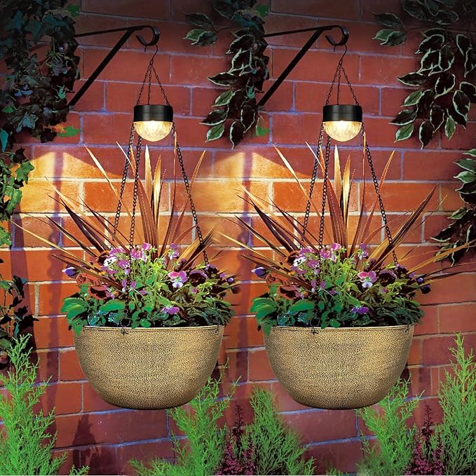 SUNNYPARK 2 Packs Hanging Planters Basket for Outdoor Plants, Solar Powered Self Watering Copper Round Plastic Flower Pots with Drainer for Balcony Patio Garden Outdoor Decoration
