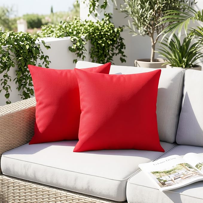 Lewondr Waterproof Outdoor Throw Pillow Cover, 2 Pack Solid PU Coating Throw Pillow Case UV Protection Garden Cushion Cover for Patio Sofa Couch Balcony 18"x18"(45x45cm), Red