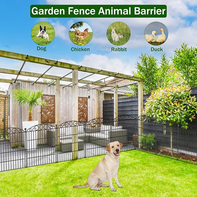 No Dig Decorative Garden Fence 6 Panel - 30in H x 11.4 ft L, Tall Animal Barrier for Dogs Rabbits, Rustproof Metal Wire Panels for Yard, Patio, and Outdoor Border Use