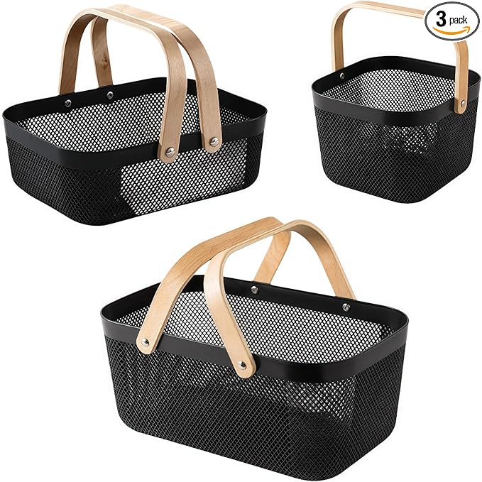 3pcs Collapsible Wooden Handle Plastic Harvest Basket - Rectangular Garden Storage Basket for Picking and Collecting Vegetables, Fruits - Ideal for Garden Cabinets & Outdoor Use (Black)