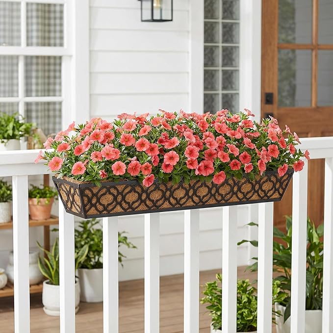 Y&M 36'' Deck Railing Planter Set with Coco Coir Liner, Large 4 Pcs Metal Deck Railing Planter Window Boxes for Outdoor Balcony, Porch, Patio, and Fence Rail