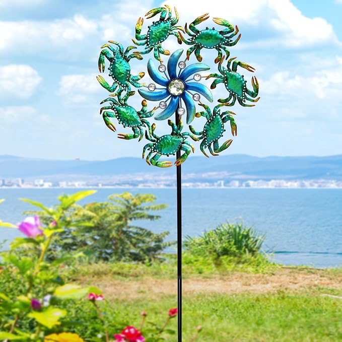 COOZZYHOUR 39" Crab Wind Spinners Metal Windmill Garden Stake,Ocean Theme Outdoor Wind Spinner,Wind Sculptures Yard Art Decorations for Patio,Lawn & Garden Decor