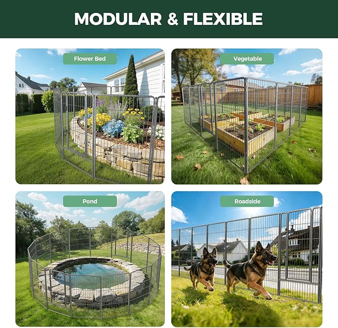 FXW Garden Fence Outdoor for the Yard – 45in(H) x 18.2ft(L) Heavy Duty Metal Animal Barrier for Dog, No Dig Decorative Dog Fence, 8 Panels, Silver