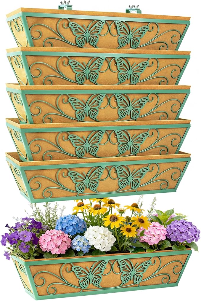 6 Pack 24 Inch Railing Planter Boxes Window Box Planters with Liner | Adjustable Bracket, Heavy Duty Hanging Basket, Metal Butterfly Decor, Retain Moisture Fabric Liner, Vibrant Spring Green