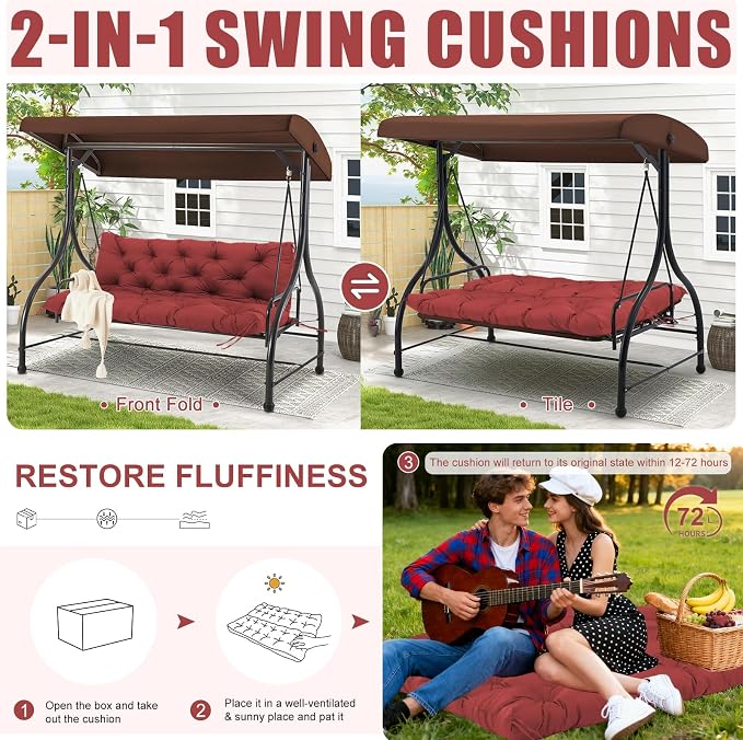 Porch Swing Cushions Outdoor 70 inch x 40 Waterproof Swing Cushions 3 Seater Replacement with Backrest & 8 Ties 5" Thick Bench Swing Cushions for Outdoor Furniture Patio(Wine red)