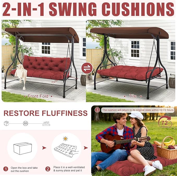 Porch Swing Cushions Outdoor 60 inch x 40 Waterproof Swing Cushions 3 Seater Replacement with Backrest & 8 Ties 5" Thick Bench Swing Cushions for Outdoor Furniture Patio(Wine red)