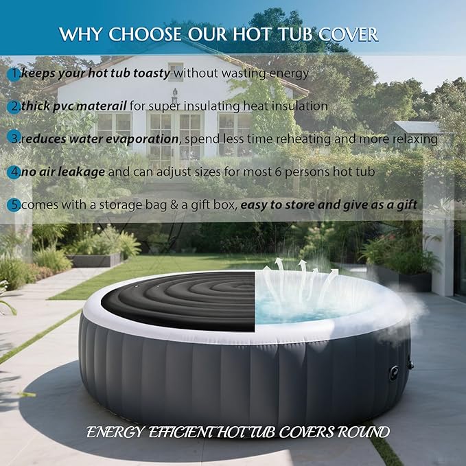 Inflatable Hot Tub Cover Round Replacement, Fit Saluspa Coleman Intex Spa Cover, Insulated Energy-Saving Weatherproof Lid, Unique Design Flexible Adjust Pool Cover Size-Life Time Support