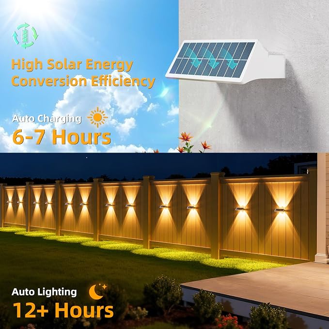 NIORSUN Solar Fence Lights Outdoor, 6 Pack Up and Down Waterproof Solar Wall Lights, Fence Lights with Lens, Warm & Cool White + RGB, Dusk to Dawn Lighting for Patio, Backyard, Pool, Railing (White)