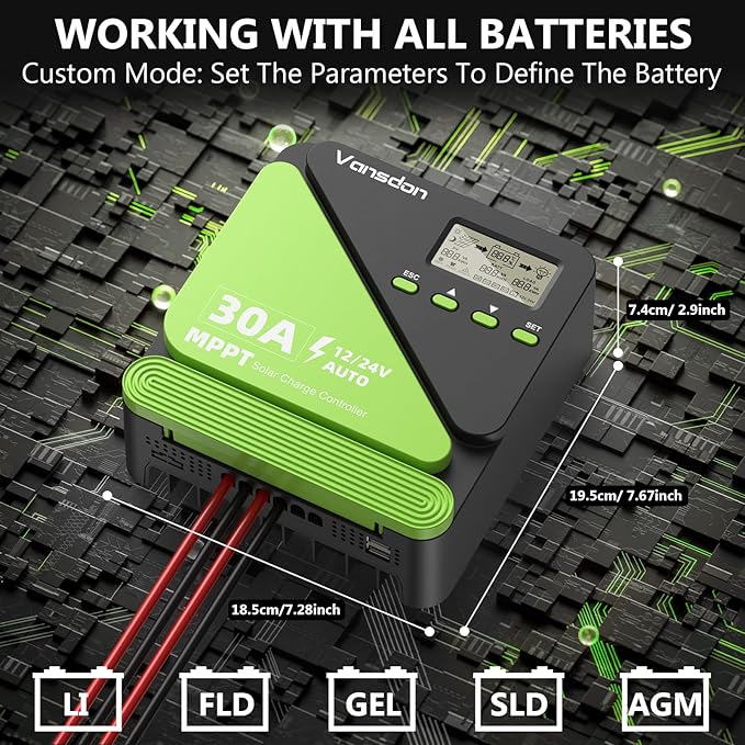Vansdon 30A Solar Charge Controller 12V/24V MPPT Solar Charge Controller, Adjustable LCD with Timer, Dual USB Ports, for RV, Boat, Cabin, Off-Grid Systems, Compatible with FLD/LiFePO4/SLD/GEL/AGM