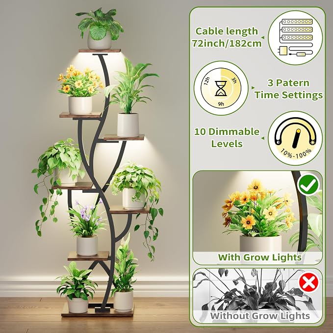 EVAWOO Plant Stand Indoor with Grow Lights - 58" Corner Plant Shelf Indoor, 7 Tiered Tall Lighted Plant Stand for Indoor Multiple Plants, Flower Stands Display Rack Holder for House, Patio, Black