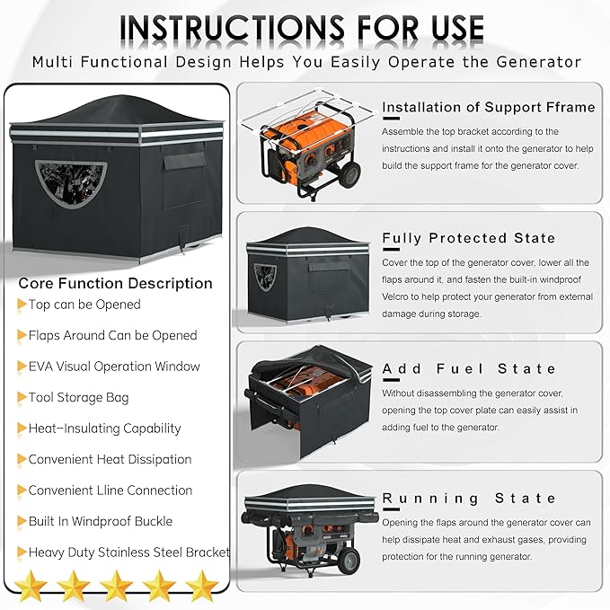 Generator Tent With Bracket,Generator Covers While Running,28x20x20 inches,Roof Design Without Water Accumulation,1680D Marine Canvas Production+Heavy-Duty Stainless Steel Bracket, Black
