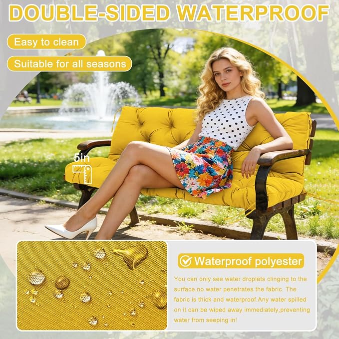 Porch Swing Cushions 60 inch Waterproof & Fade Resistant Thicken 5" Outdoor Swing Cushions 3 Seater Replacement with Backrest & Ties Patio Swing Cushions for Outdoor Furniture (Yellow)