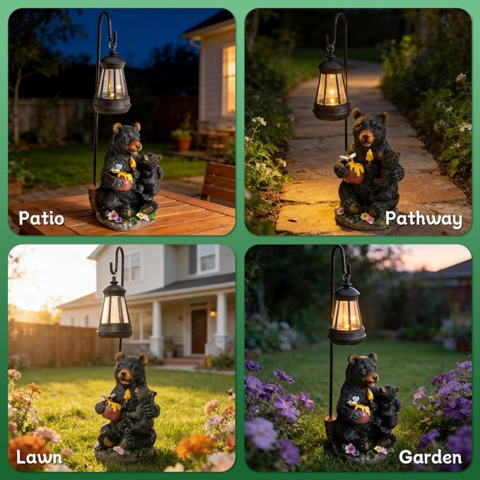 Pohabery Solar Bear Family Garden Statue with Lantern, Resin Mother and Baby Bear Figurine Outdoor Garden Decor