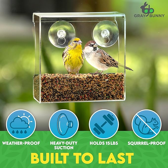 Clear Window Bird Feeder - Premium Bird Feeder for Outdoors with Strong Suction Cups with Drain Holes and Large Seed Capacity