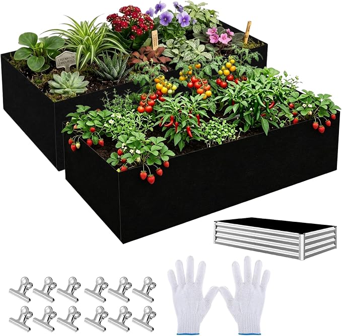 2 Sets Raised Garden Bed Liner Bag, 4 x 2 x 1 ft Breathable Grow Bed Fabric Liners with Clips Gloves, Garden Grow Bed Bag Grow Planter Bags Plant Bed for Planting Vegetables Flowers and Herbs