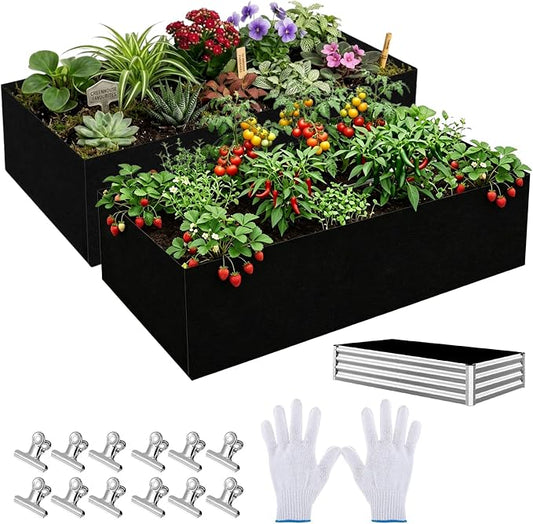 2 Sets Raised Garden Bed Liner Bag, 4 x 2 x 1 ft Breathable Grow Bed Fabric Liners with Clips Gloves, Garden Grow Bed Bag Grow Planter Bags Plant Bed for Planting Vegetables Flowers and Herbs