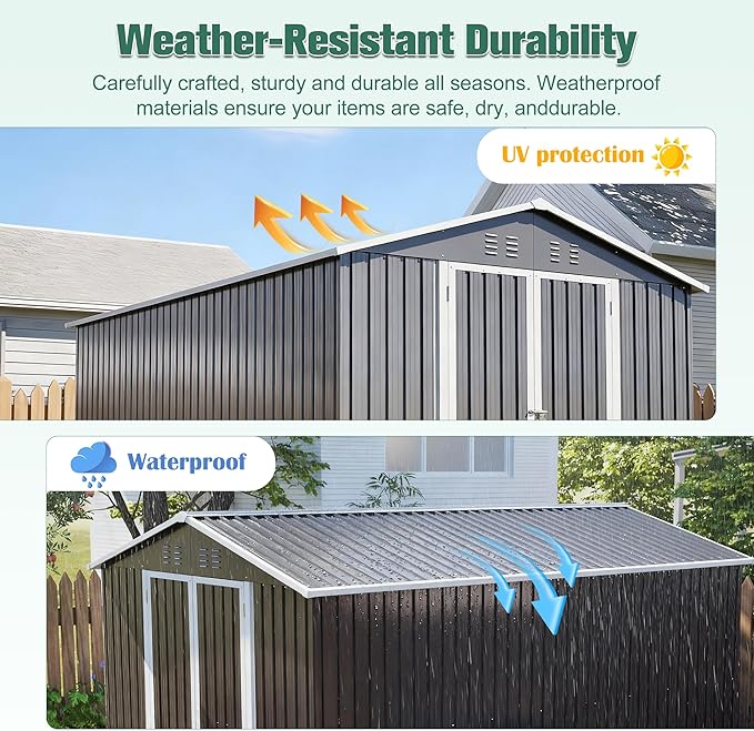 KEIKI Storage Shed 12x8 FT, Large Metal Tool Shed for Outdoor Storage, Galvanized Steel Garden Shed with Lockable Doors for Patio, Backyard, Lawn, Grey