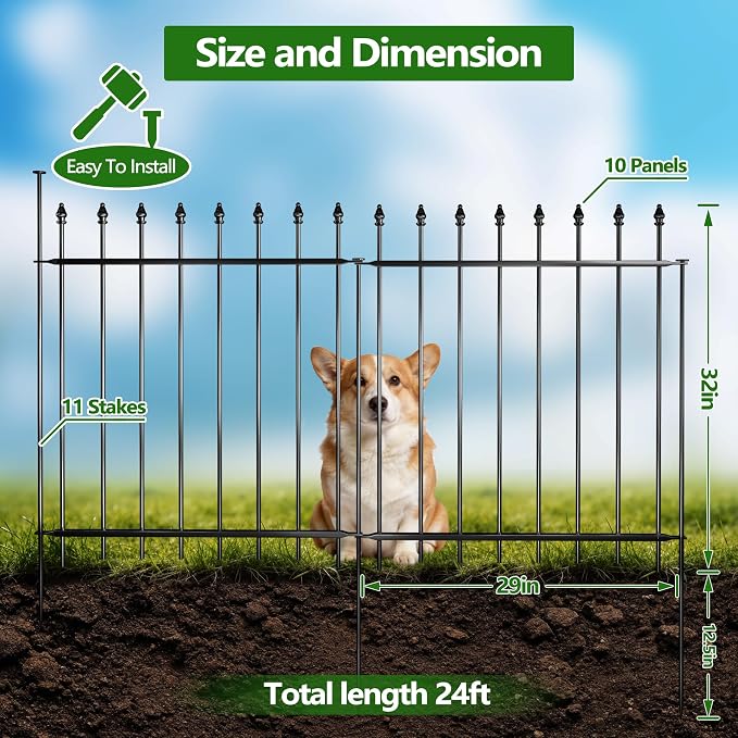 Decorative Metal Garden Fence，(10 Panels+ 11 Posts), Total Iength24 ft(W) x 32 in(H), High Metal Border Fence, Classic Roman Column Decoration, Garden and Lawn Landscape Fence, Black Animal Fence