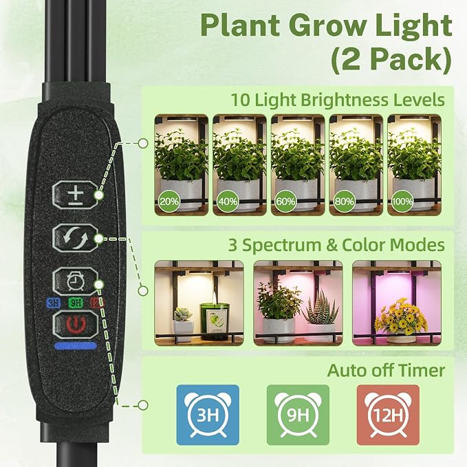 iDavosic.ly Wall Plant Holder with Grow Lights Set of 2, 2 Tier Indoor Floating Shelves with 4 Hooks for Hanging Plants, Wall Mounted Space Saving Display Stand (Pots/Chains Not Included)