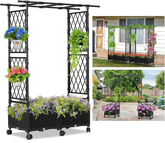 FOLLOOK Planter Box with Trellis Outdoor, 53.1in Plastic Raised Garden Bed with Trellis Hanging Roof for Vine Flower, with Lockable Wheels & Drain Plug for Patio Backyard Balcony, Black, 1 Pc