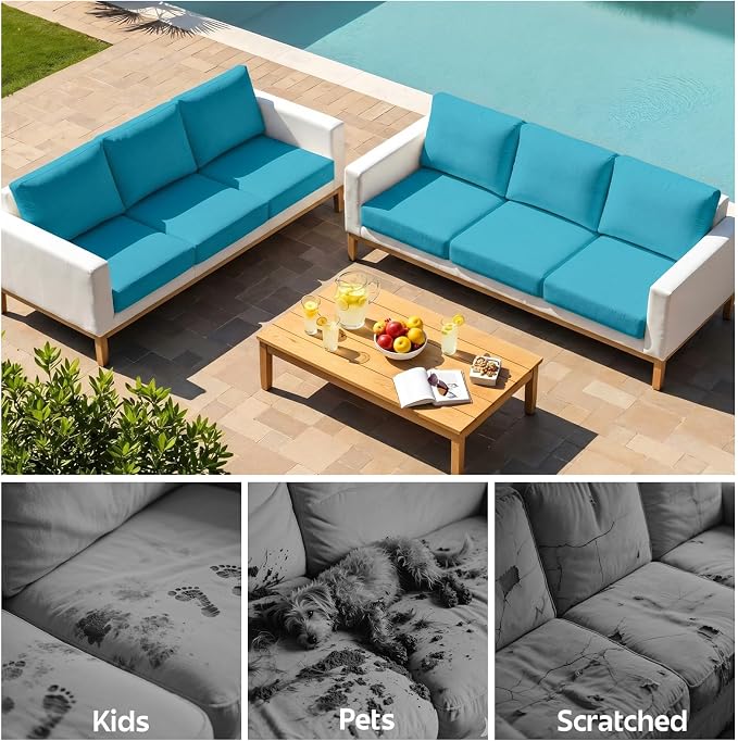 pickyNproud 12Pcs Patio Cushion Covers Stretch Outdoor Couch Cushions Slipcovers Replacement Washable Furniture Protector with Elastic Bottom Sofa Chair Seat Cover, Aqua Blue