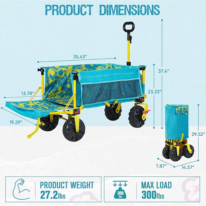 Old Bahama Bay 300lbs Extra Long 49" L Beach Wagon with Big Wheels with Brake for Sand, Collapsible Utility Beach Cart Heavy Duty Folding Wagon,Ideal for Outdoor Sand Camping Garden Pet