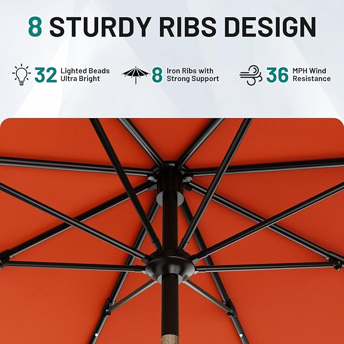 AreShark 9FT Patio Umbrella with Solar Lights, 32 Lighted Pool Umbrella w/Tilt and Crank, Outdoor Market Solar Umbrellas for Garden, Deck, Backyard, Pool and Beach, Orange