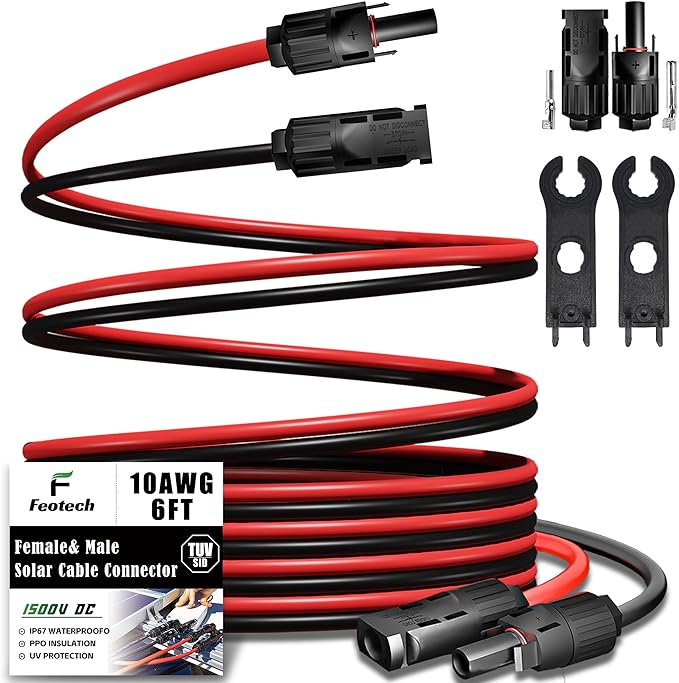 Twin Wire 6FT Solar Extension Cable - 10AWG (6mm²) Solar Panel Connector, with IP67-Male/Female Solar connectors for Outdoor Automotive RV Boat Marine Solar Panel- Black & Red