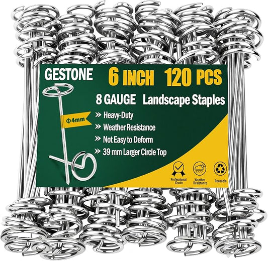 120 PCS Landscape Fabric Staples Pins,Thickened 8 Gauge Circle Top Landscape Fabric Stakes, 6 inch Galvanized Weed Barrier Stakes Pins with Removal Tool, Garden Staples for Weed Barrier Fabric