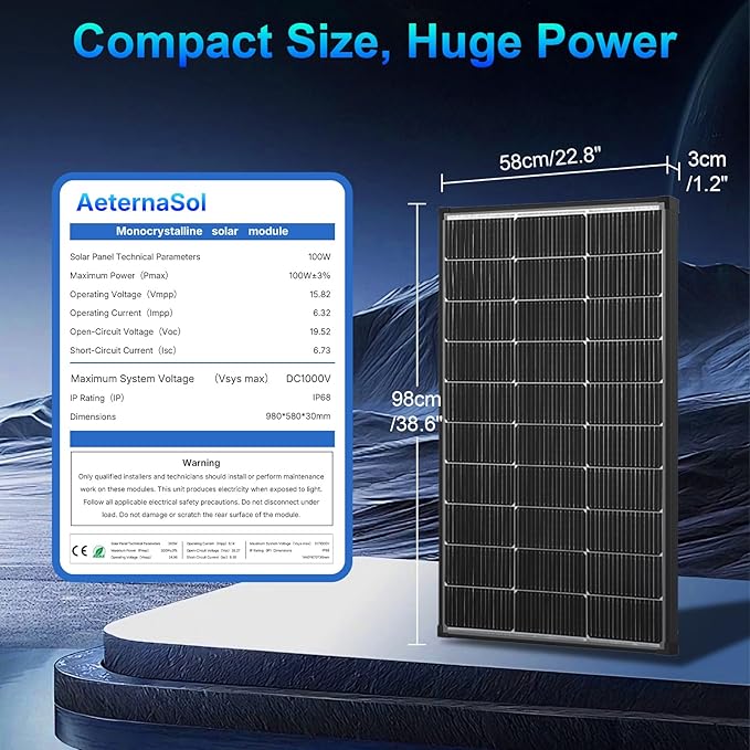 100W Solar Panel Bifacial 12v N-Type 16BB Solar Panel IP68 Waterproof PV Module 25.6% high Efficiency, Solar Panels 100w for Rooftop RV Farm Trailer Marine Home Off-Grid System