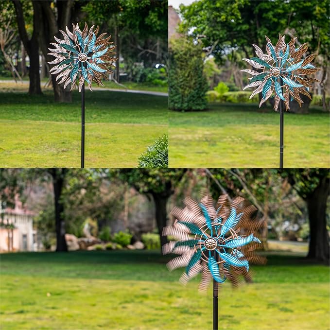 Large Wind Spinners Outdoor Metal, 360° Double-Layer Garden Wind Spinners Sculptures, 63" ×13.4", Kinetic Pinwheels for Yard and Garden Patio & Lawn (Blue Copper)