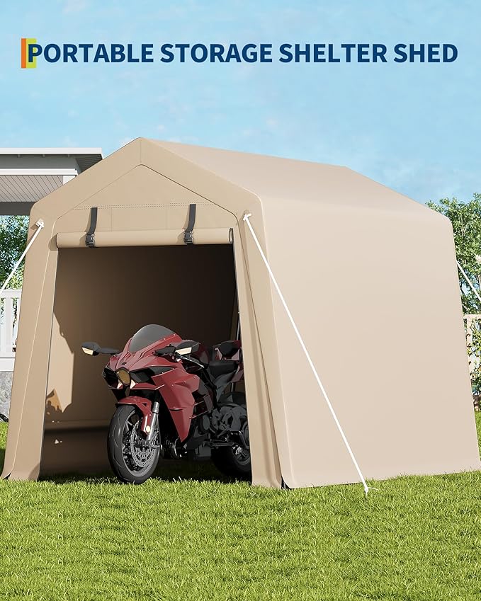 6 x 8 ft Bike Shed Storage Tent, Portable Outdoor Storage Shelter with Roll-Up Double Zipper Door, Ventilated Tarp Shed, Galvanized Steel Frame for ATV Motorcycle Bicycle Garden Tools,Khaki