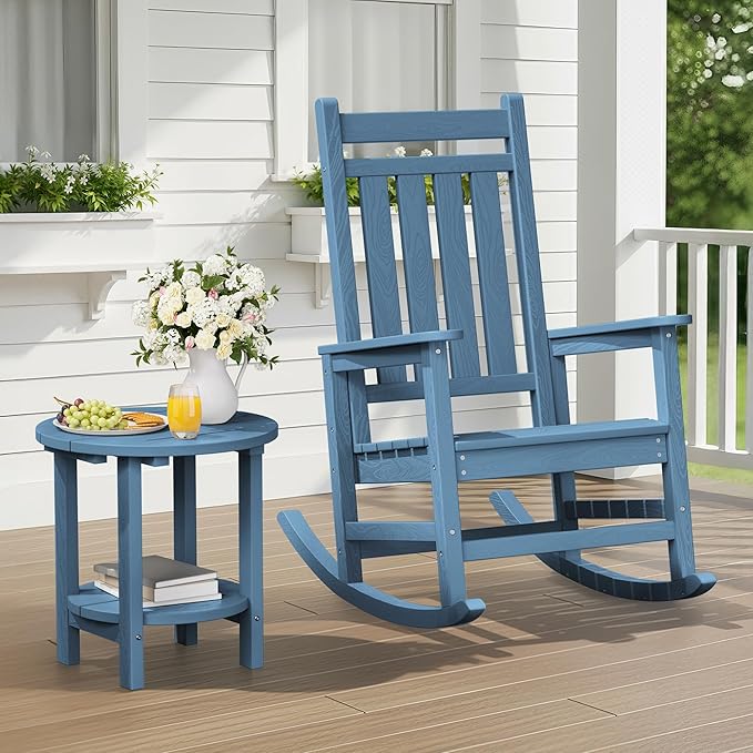 SERWALL Round Outdoor Side Table Set of 4, HDPE Small Adirondack Double End Table, Navy