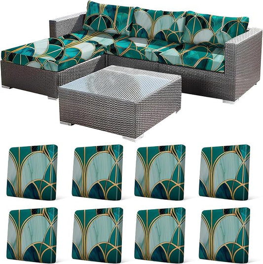 CALBODE 8Pcs Stretch Patio Cushion Cover, Art Deco Geometric Pattern Couch & Sofa Slipcovers for Patio Furniture Cushions Washable Reusable Couch Covers Replacement for All Season(Green, Cover Only)