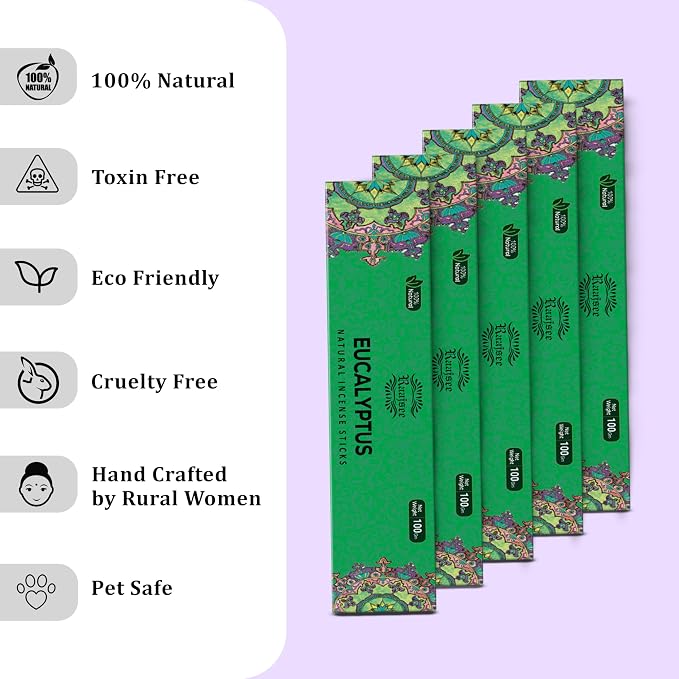 Raajsee Incense Sticks – Eucalyptus (180 gm), 100% Pure Organic Natural Hand Rolled Free from Chemicals - Perfect for Aromatherapy, Cleansing, Meditation, and Church (Pack of 12)