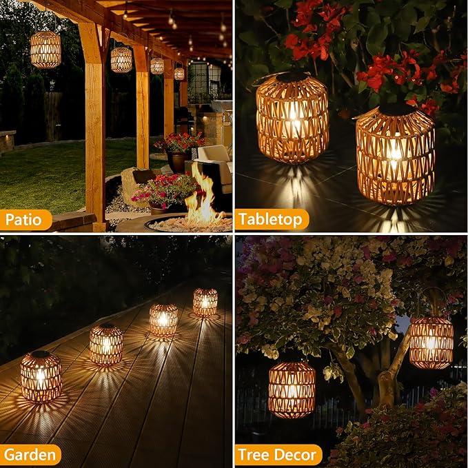 2 Pack Solar Lanterns Outdoor Waterproof, Rattan Solar Lights for Yard, Outdoor Garden Lights, Hanging Lanterns Decorative Birthday Gifts for Mom Grandma, Outdoor Lanterns for Porch, Patio, Pathway